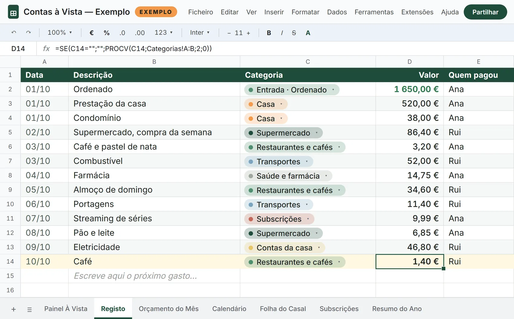 O Registo de 2 Minutos: data, descrição, categoria numa lista, valor e quem pagou (dados de exemplo)