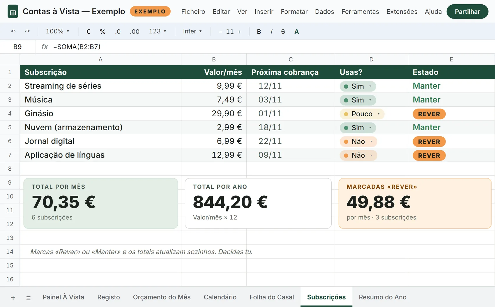 O Detetor de Subscrições: lista de subscrições, próxima cobrança, total por mês e total por ano (dados de exemplo)